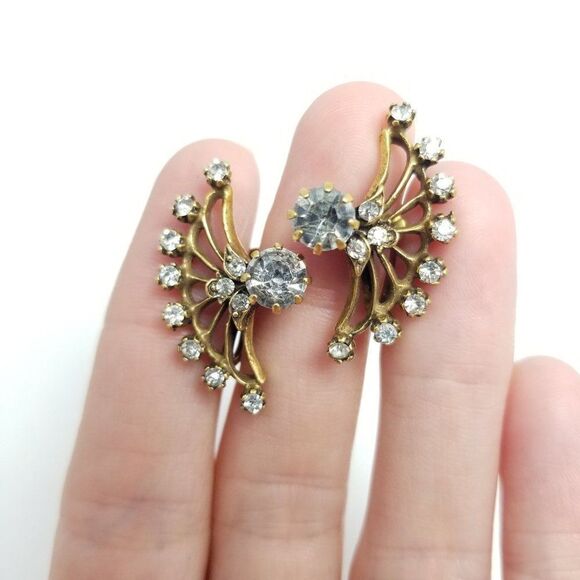 Vintage Rhinestone Wing Fan Shaped Clip On Earrings, Screw Backs Gold Tone Retro - Picture 1 of 6